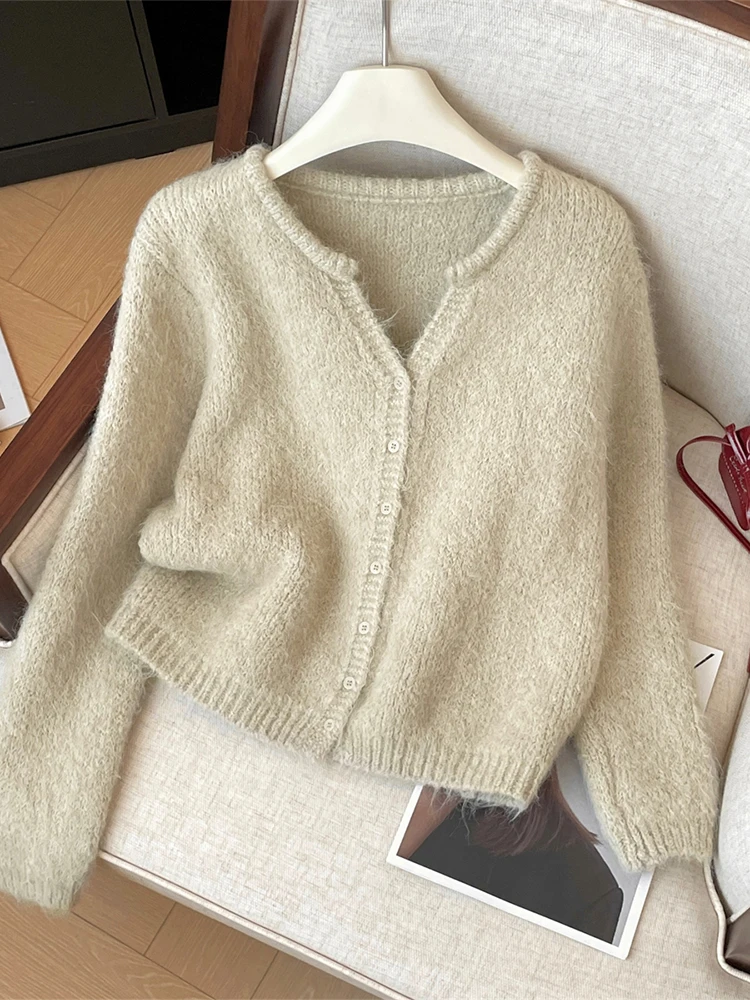 Damen Beige Strickjacke Gemütlicher Pullover Harajuku Vintage Koreanisch Y2k Lange Ärmel V-Ausschnitt Kaschmirpullover Pullover 2000er Jahre Kleidung Herbst