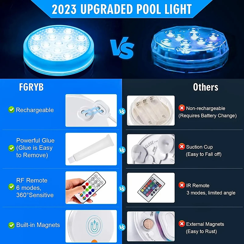 Luces de piscina sumergibles subacuáticas recargables con control remoto IP68 luces flotantes Led que cambian de Color impermeables para baño de hidromasaje