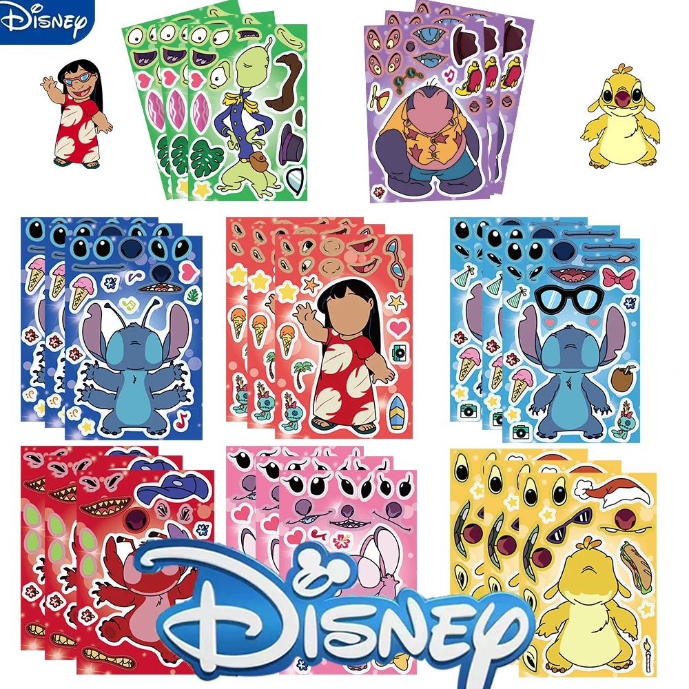 8/16/32 pezzi Lilo Stitch Crea una faccia adesivi puzzle Disney per i bambini Crea il tuo gioco fai da te per bambini Cartoon Jigsaw Toys regalo