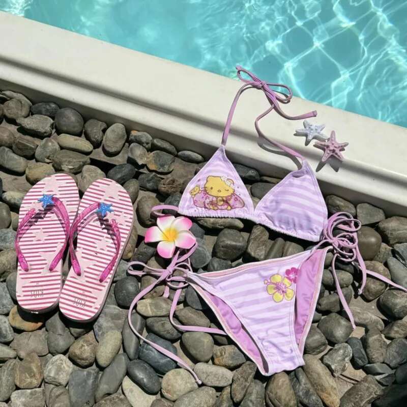 Miniso Lace-up Hellokitty Kawaii Bikini Sets Halter Gestreepte Bh Ondergoed Y2k 2-delige Badpakken Lolita Roze Badpak Meisjes