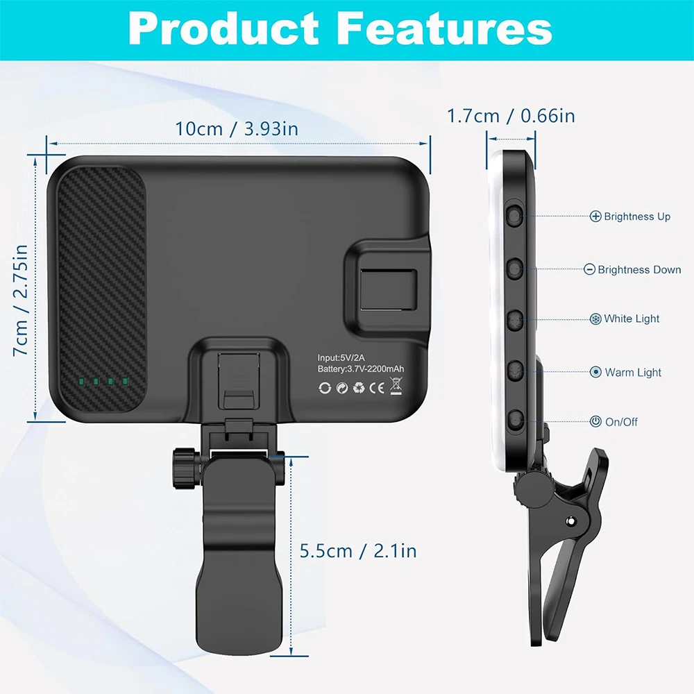 Minifocus Selfie-Licht, 60 LEDs, 2200 mAh, wiederaufladbares Handy-Fülllicht, 7 Modi, 10-stufige Helligkeit, tragbares Clip-on-Licht