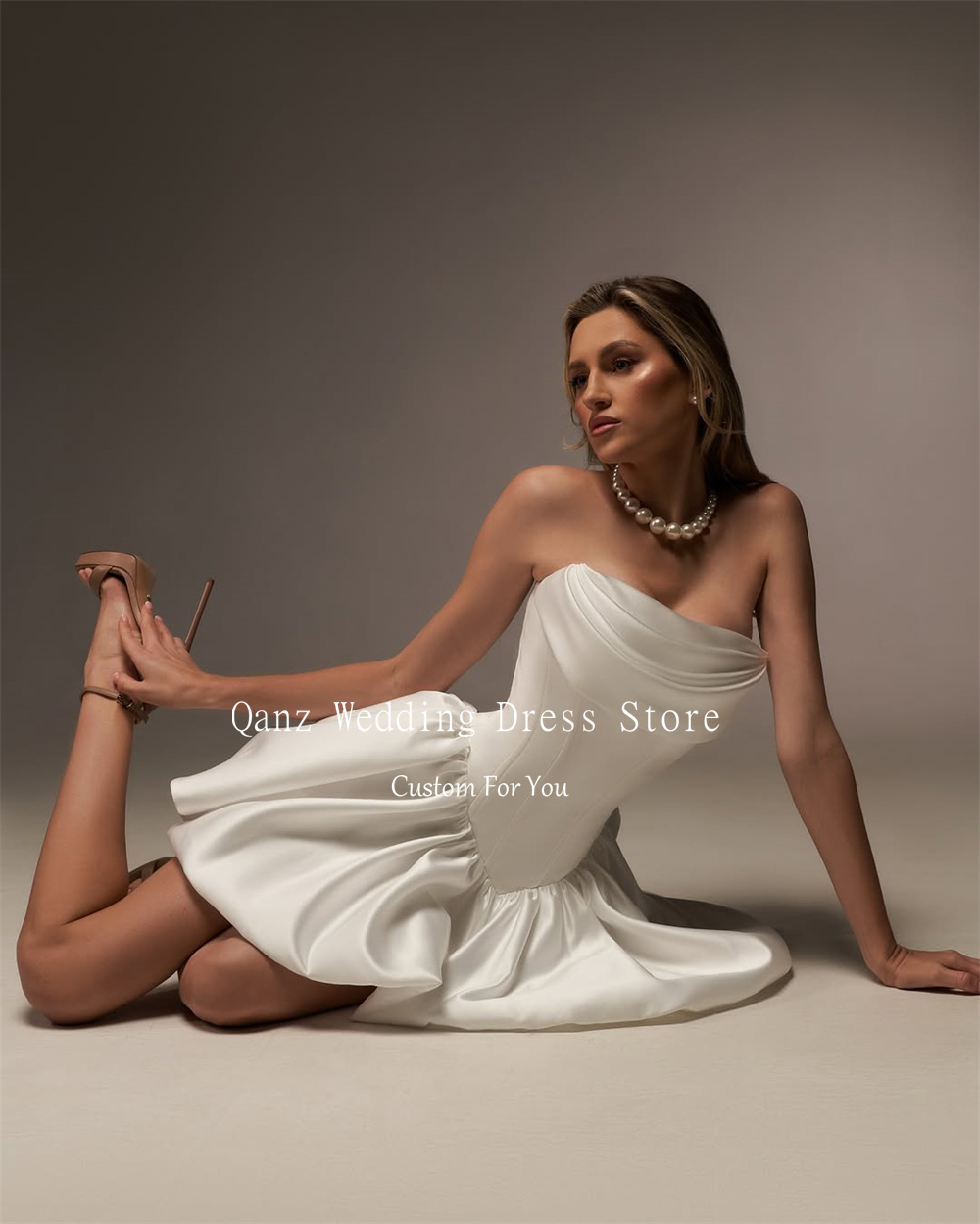 Qanz Vintage Satin Wedding Party Dresses Strapless Short A Line Ivory Lace Up Back Vestidos Para Mujer Bridal Gowns Customized