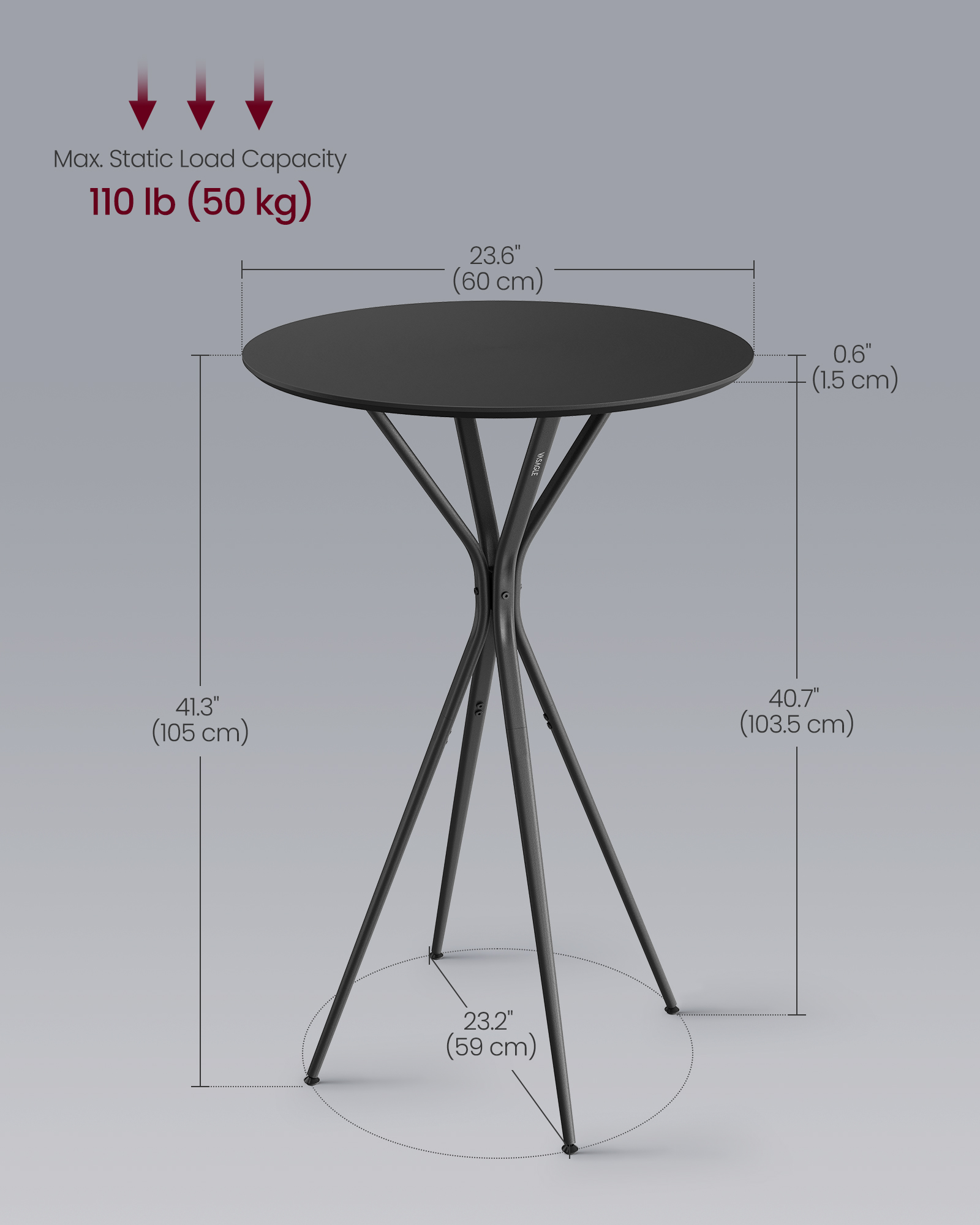 VASAGLE Bar Table, Round Cocktail Table, High Pub Table, 60 x 60 x 105 cm, Metal Frame