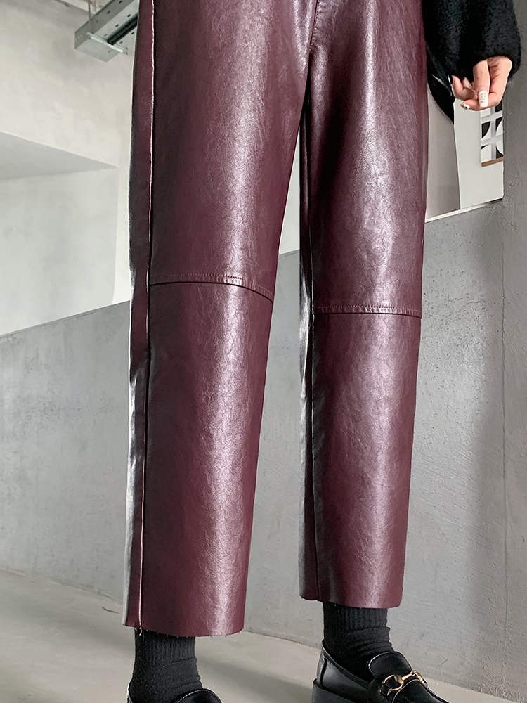 QOERLIN automne hiver pantalon en cuir PU femmes élégant taille haute poches Faux cuir sarouel femme dos taille élastique pantalon