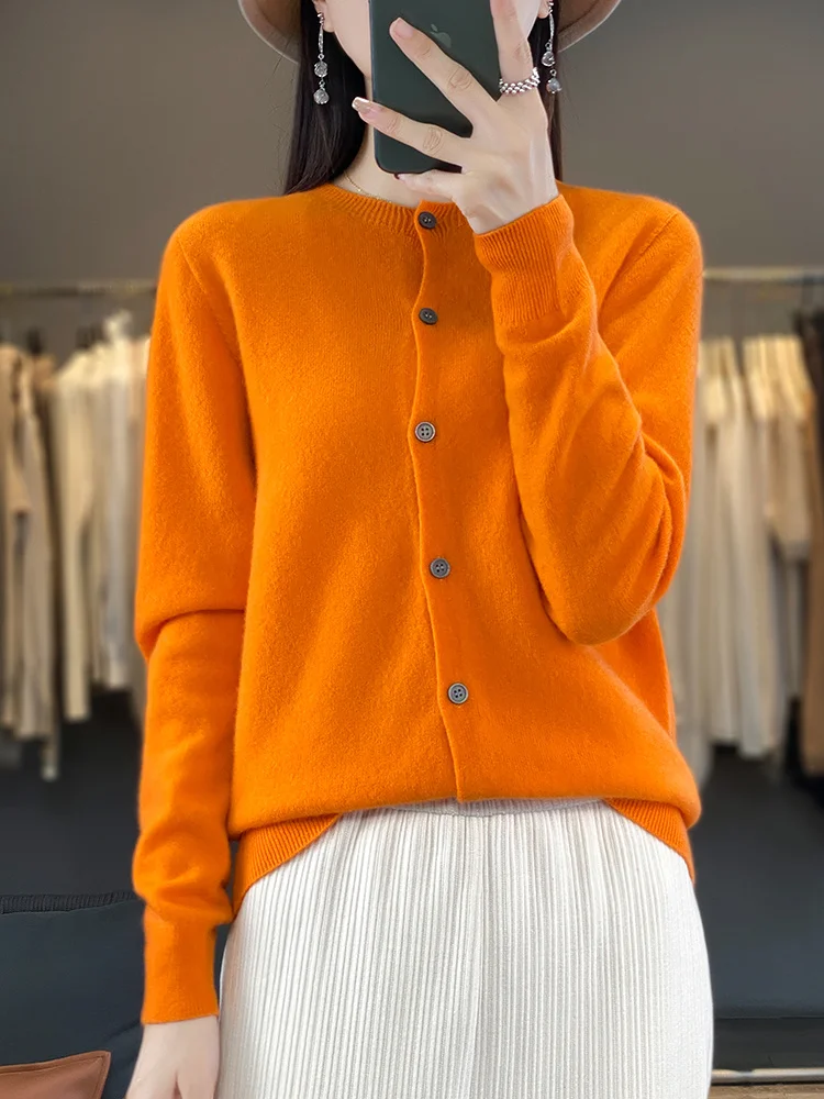 Cárdigan de Cachemira con cuello redondo para mujer, suéter de lana merina de 100%, prendas de punto con botones de estilo básico, Tops suaves informales para Otoño e Invierno