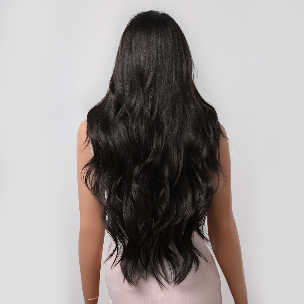 Lange gewellte synthetische Perücken für schwarze Frauen, dunkelbraune Perücke, natürlicher Mittelscheitel, gewellt, tägliches Cosplay-Haar, hitzebeständig