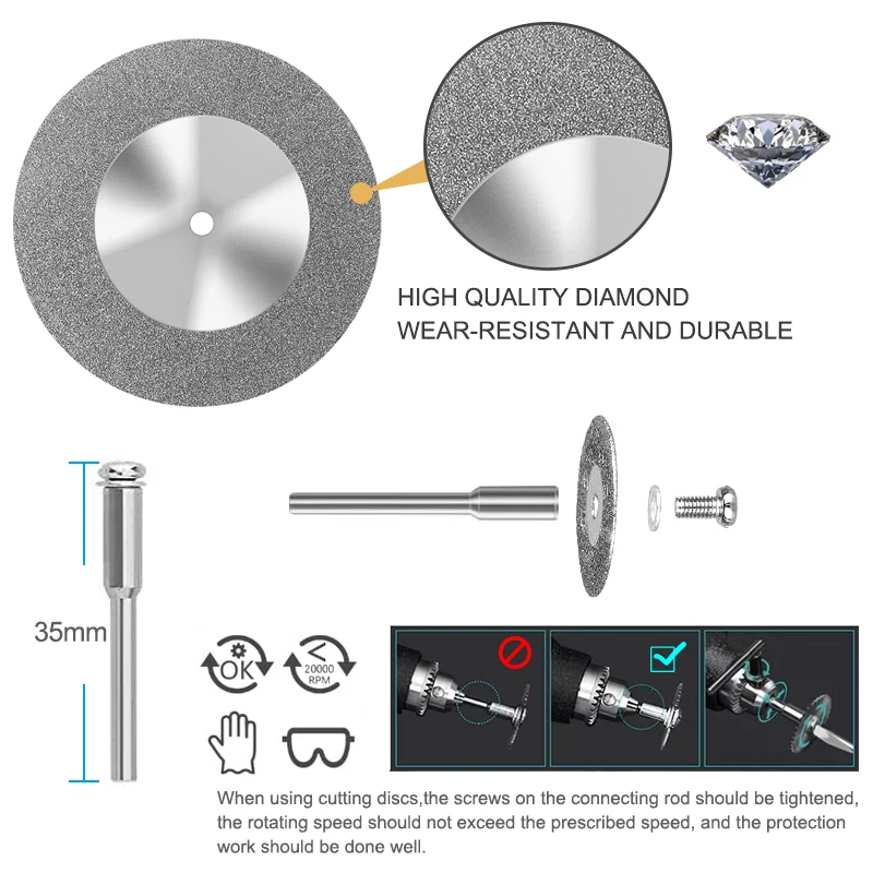 CMCP Mini Diamond Saw Blade 16-60mm With Mandrel Abrasive Diamond Discs for Dremel Rotary Tool Mini Cutting