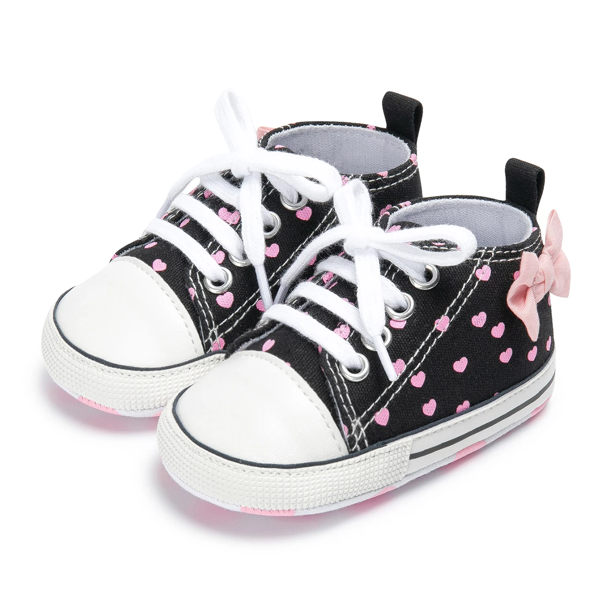 Bebê recém-nascido meninas sapatos moda bowknot coração impressão clássico lona casual alta topos tênis macio anti-deslizamento sola primeiros caminhantes
