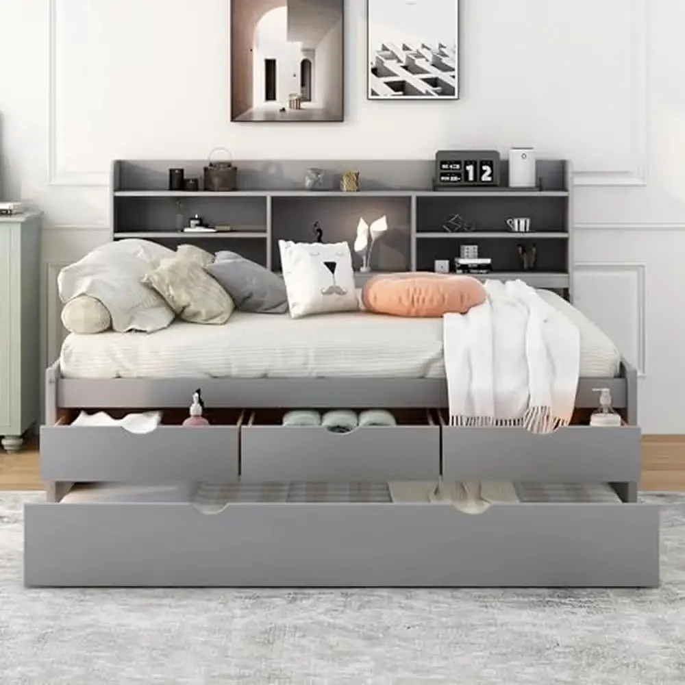 Full Size Captain Bed with Trundle and Storage Drawers Bookcase Wood Daybed Guest Bed Solid Pine Wood Slats 78.7"L x 104.6"W x