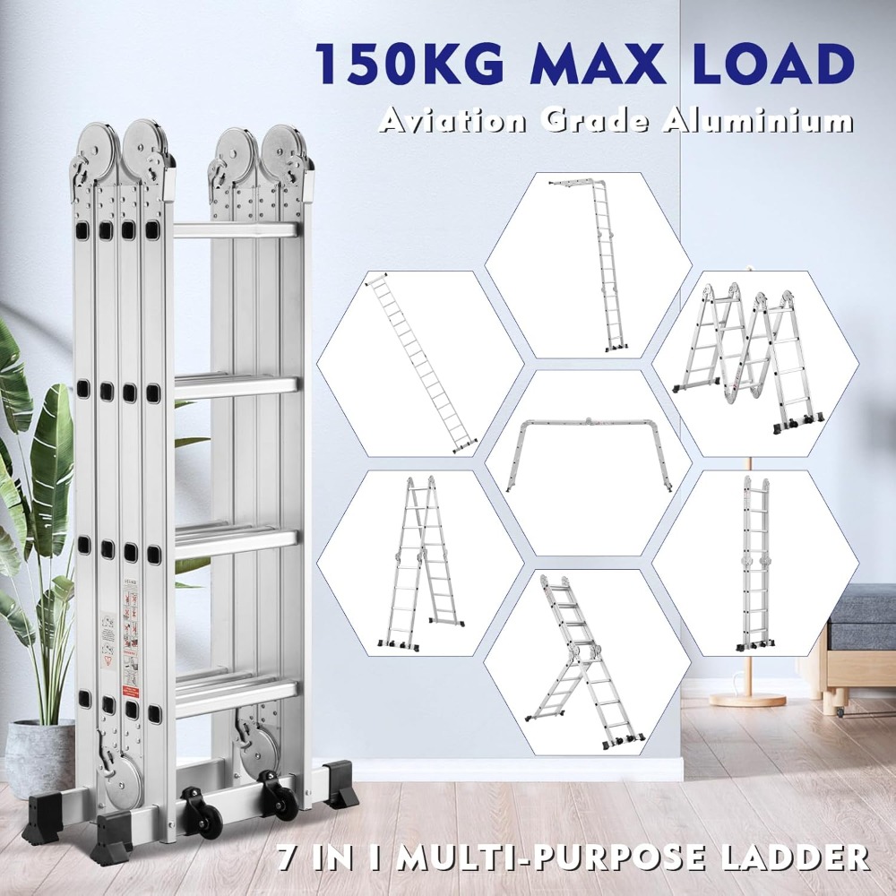 Escalera Multiusos 7 em 1, 4x4 Escalones 4,70 M de Aluminio, Escalera multifunción con 2 Plataformas y 2 Ruedas Rimovibili, 16