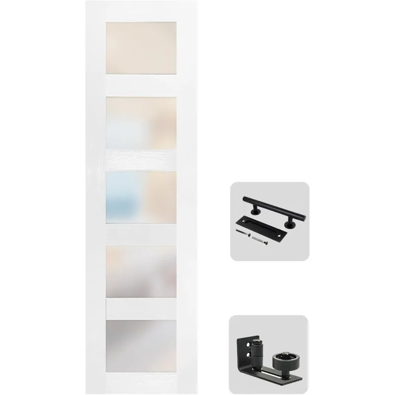 36 in x 84 in Glass Sliding MDF Barn Door with 6.6FT Sliding Door Hardware Kit, 5 Tempered Frosted Glass