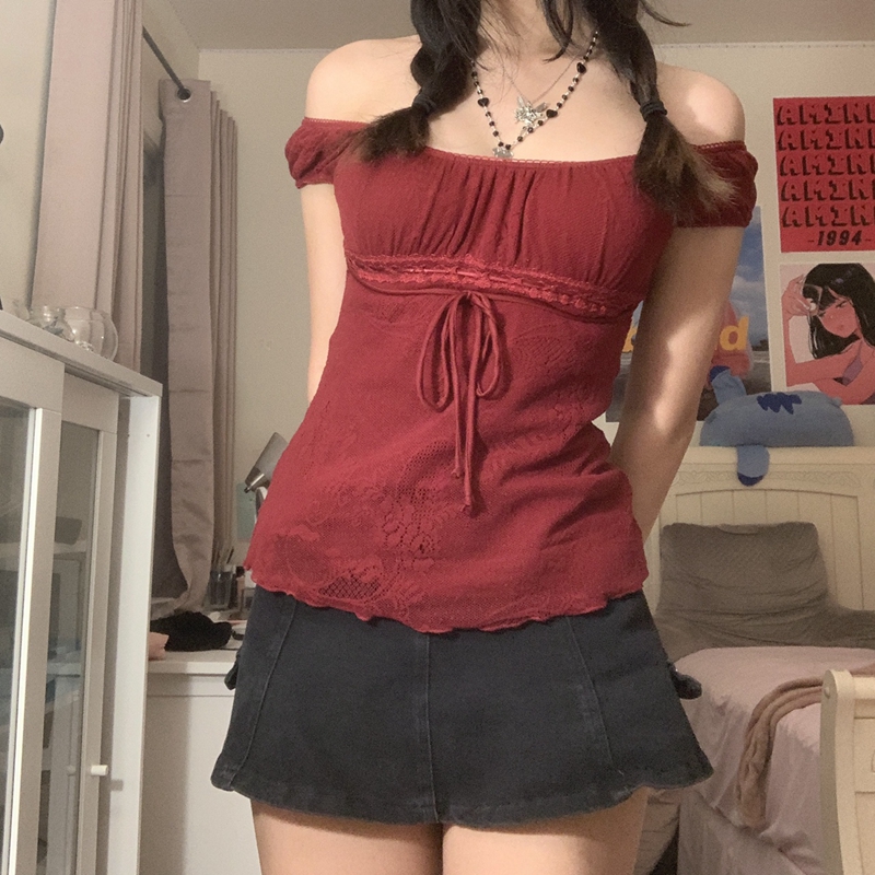 Thanh Lịch Cổ Vuông Phối Áo Thun Kawaii Cung Nữ Tay Ngắn Áo Thun TEE Y2K Vintage Cổ Tích Grunge Nữ Crop Top Retro Quần Áo