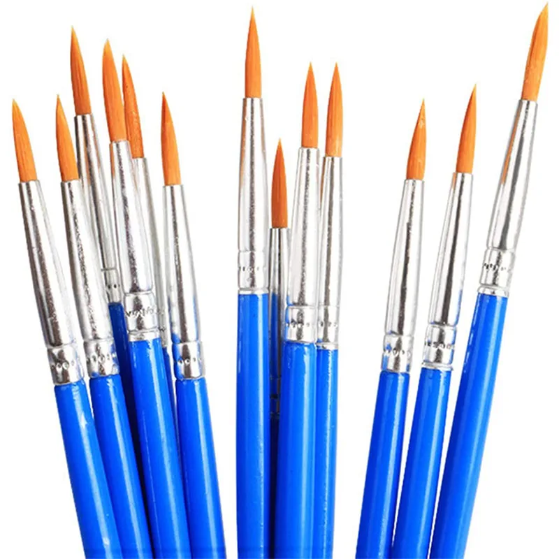 어린이를위한 10pcs DIY 아티스트 페인트 브러쉬 라운드 플랫 미니어처 나일론 헤어 아크릴 수채화 구 아슈 아트 키트