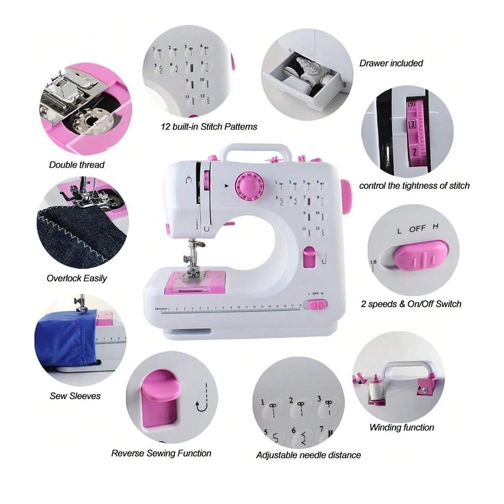 จักรเย็บผ้า, จักรเย็บผ้าในประเทศ 12 เข็ม, ตีนผี, เครื่อง Overlock, แป้นเหยียบไฟฟ้าแบบพกพา, ตะเข็บเสื้อผ้า