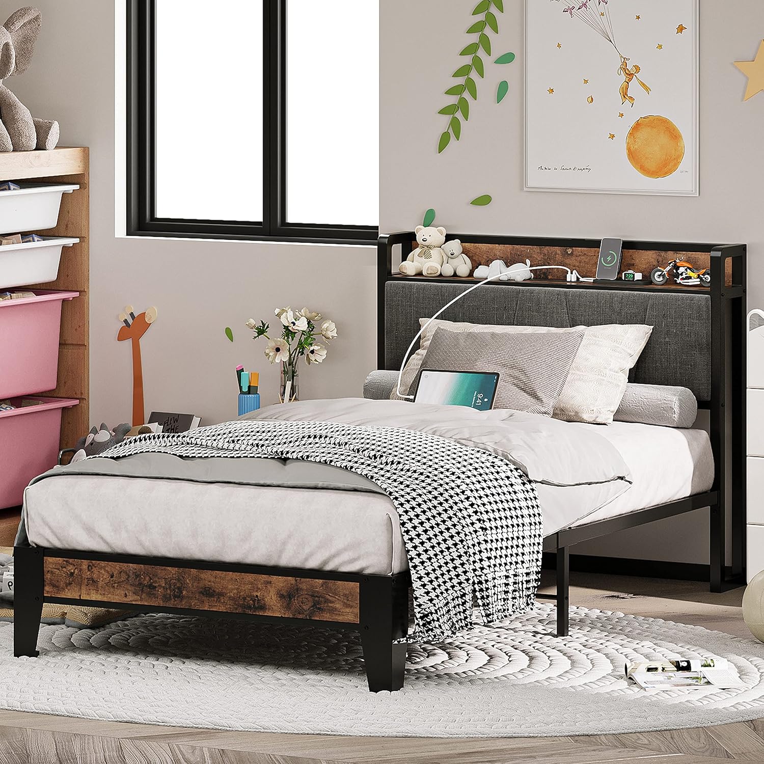 Twin Bed Frames, Storage Headboard with Charging Station, Solid and Stable, Noise Free, No Box Spring Needed, Easy Assembly