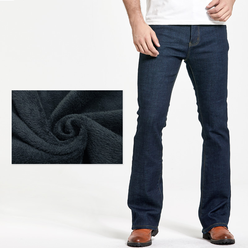 Mens Winter Stretch Denim กางเกงยีนส์ Thicken Warm กางเกง Slim เล็กน้อย Flare กางเกง Boot Cut Fit Polar ขนแกะกางเกงยีนส์