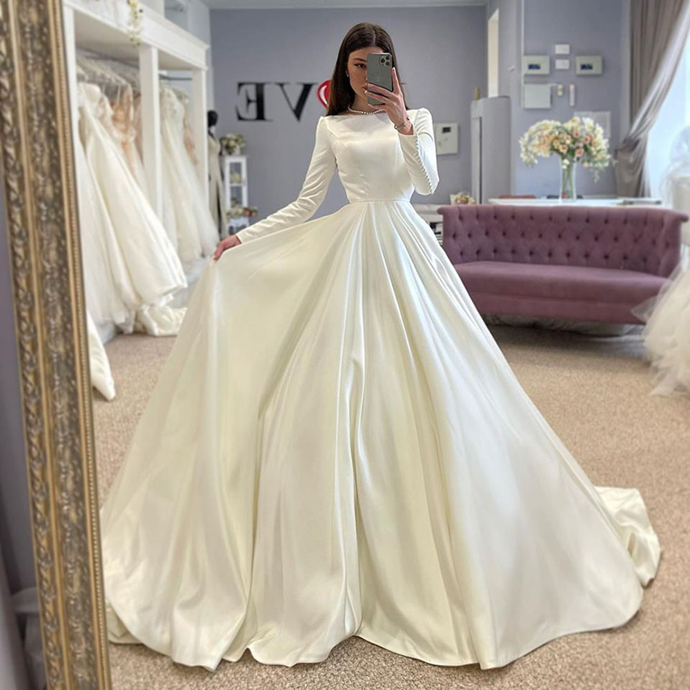 SoDigne Abito da sposa conservatore Abiti da sposa in raso Abito da sposa musulmano a maniche lunghe Abito da sposa lungo modesto personalizzato