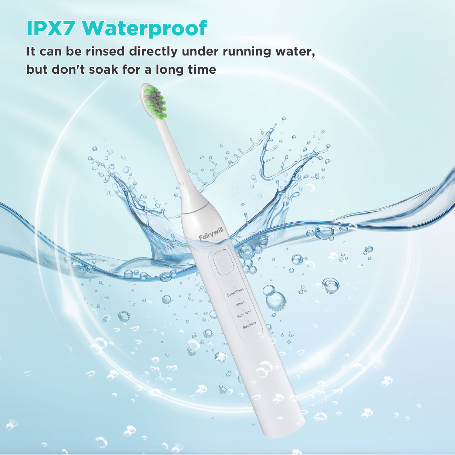 Fairywill-大人用の超音波電動歯ブラシ,充電式ヘッド,42000Hz/分の振動,4時間のフル充電,100日,秒,8個