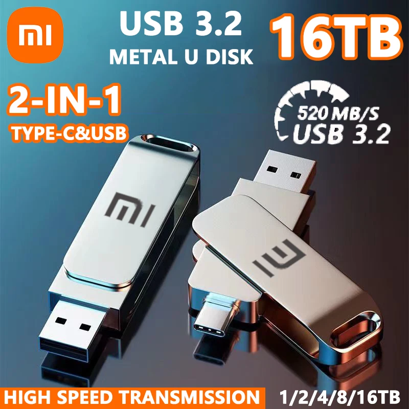 Флэш-накопитель Xiaomi 16 ТБ USB 3.2 Высокоскоростная USB-накопитель Type-c 2-в-1 8 ТБ 16 ТБ OTG Флэш-накопитель Водонепроницаемая флэш-накопитель для компьютера
