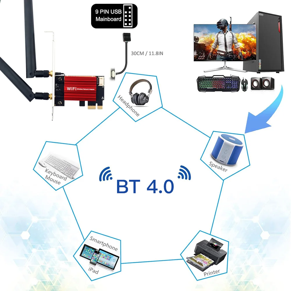 Adaptador inalámbrico WiFi 5 AC1200 PCI-E, tarjeta de red BT 4,0, banda Dual, 2,4G/5GHz, 802.11AC, ordenador portátil de escritorio, PC para Windows 7/8/10/11