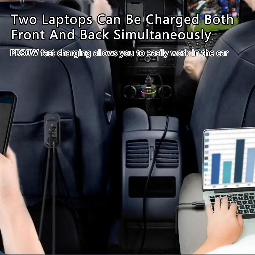 Cargador de coche de extensión delantera y trasera con luz RGB, adaptador de corriente de carga rápida PD, 6 puertos, 48W, USB tipo C, para teléfono y portátil
