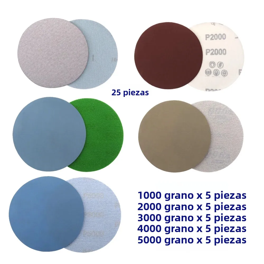 25 uds. Discos de lijado redondos de papel de lija seco y húmedo de 5 pulgadas grano 1000/2000/3000/4000/5000 hojas de arena para pulir bucle de gancho