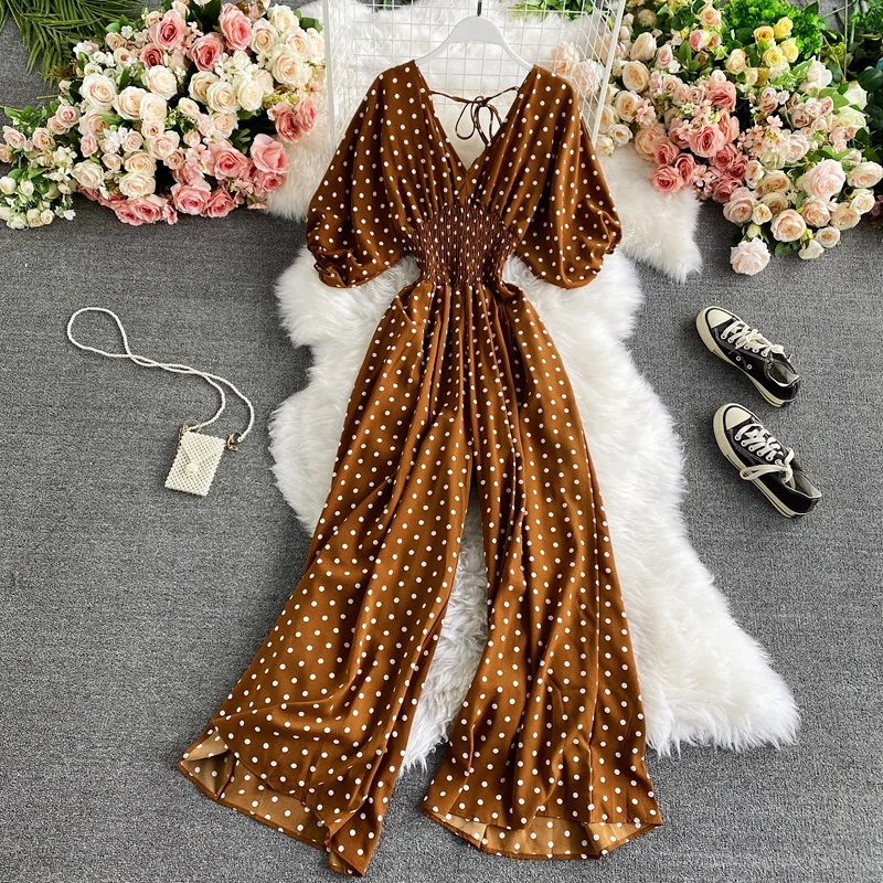 V-Hals Sexy Dolman Mouwen Taille Slanke Polka Dot Print Jumpsuit Vrouwen Wijde Pijpen Broek Jumpsuit