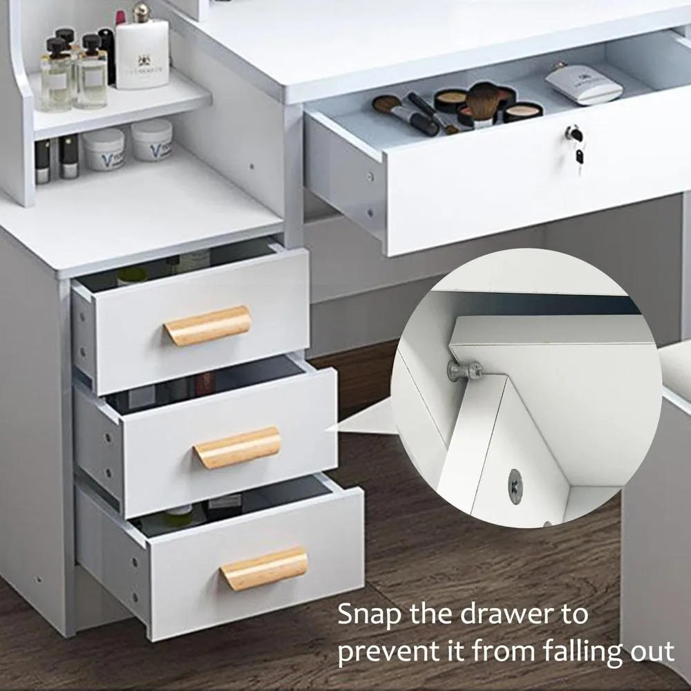 Makeup Vanity Set with Mirror and Light, Storage Drawer, Chair and Shelf, Adjustable Brightness Makeup Vanity with Light