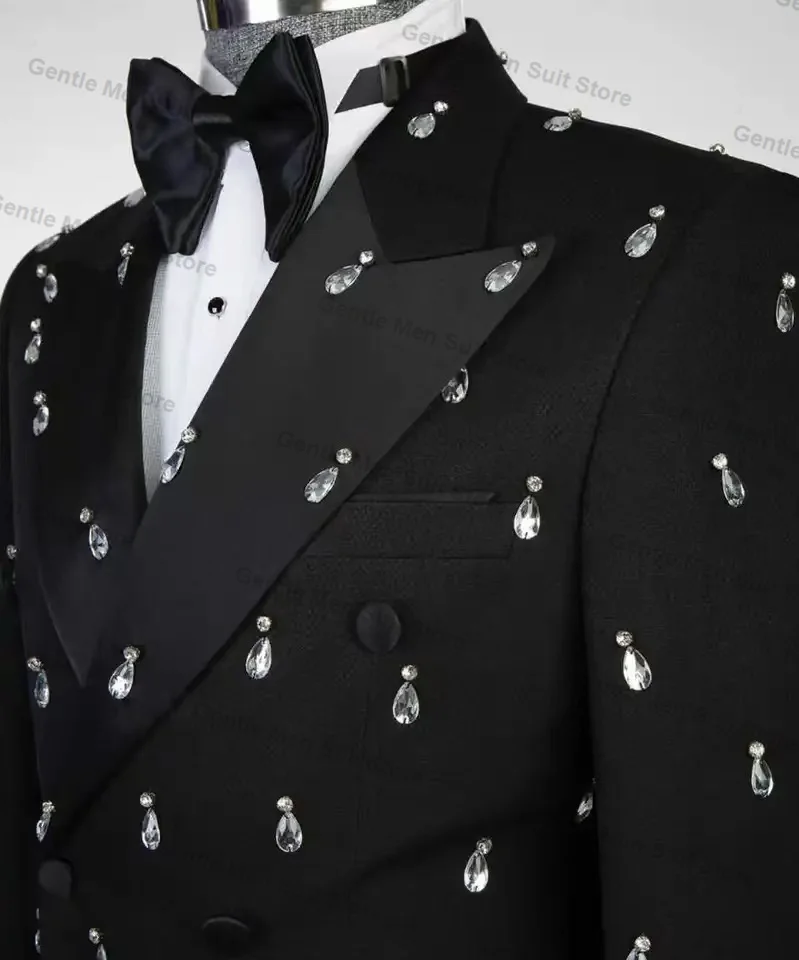คริสตัลสีดําผู้ชายชุด 2 ชิ้นเสื้อ + กางเกงคู่งานแต่งงาน Tuxedo Coat ที่กําหนดเองสํานักงานอย่างเป็นทางการเสื้อกางเกง