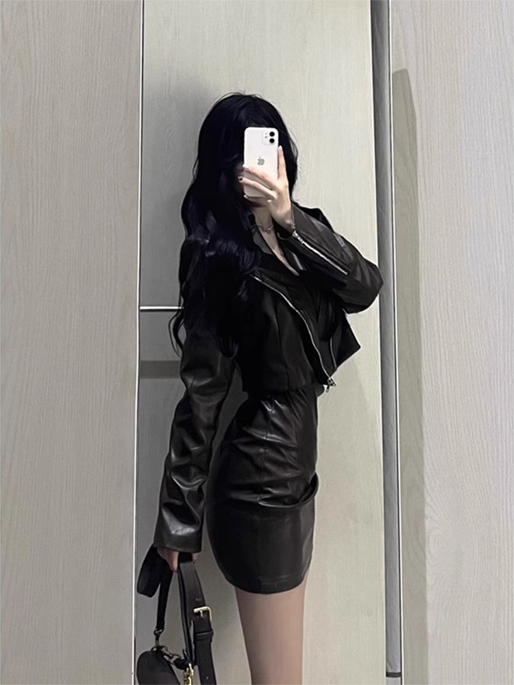 Short PU Leather Jacket Women's Motorcycle Sle Two-Piece Set Autumn High-End Feel Commute Loose Fit Long Sleeve  Collar