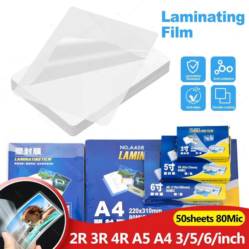 50 fogli 80 Mic 3/5/6/pollici Pellicola di laminazione PET EVA Pellicola di plastica per laminatore a caldo 3R 4R 5R A6 A5 A4 Per foto/file/carta/Menu