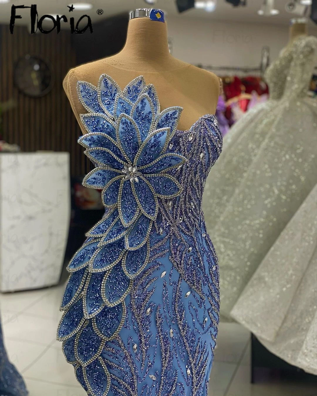 Floria-vestido de noche azul con cristales plateados y purpurina para mujer árabe, vestidos de noche para cena, vestidos personalizados para ocasiones especiales 2024