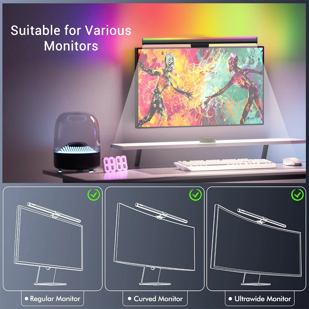Wiscolor TUYA Smart Monitor Light Bar Stepless Dimming Compatible with Alexa Google Home for Work Gaming USB 5V RGBIC music