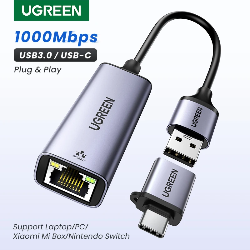 UGREEN USB Ethernet Adaptador USB3.0/USB2.0 1000Mbps/100Mbps USB RJ45 Tarjeta de Red para PC Portátil Xiaomi Mi Box Nintendo Switch Lenovo DELL HP Macbook Mac OS Windows Linux Gigabit Internet Adaptador USB Lan