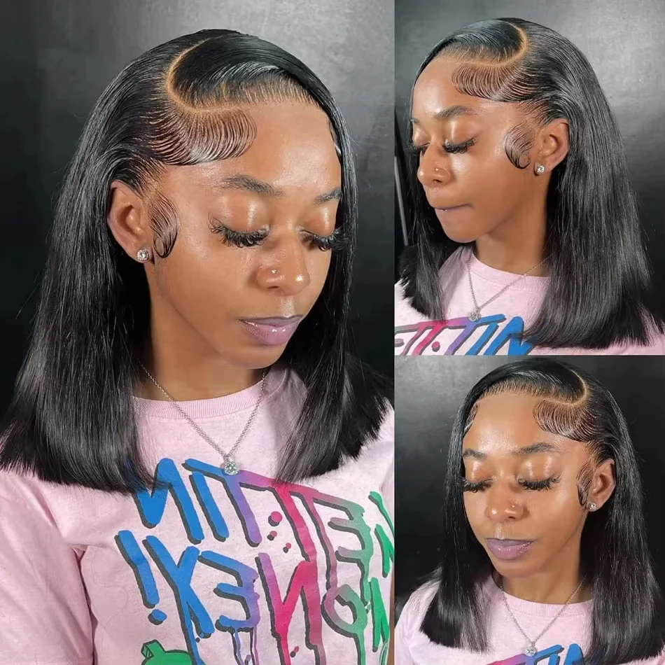 Osso reto 13x4 perucas dianteiras do laço 14 Polegada curto bob peruca 4x4 peruca frontal do laço transparente brasileiro 100% cabelo humano 200% densidade