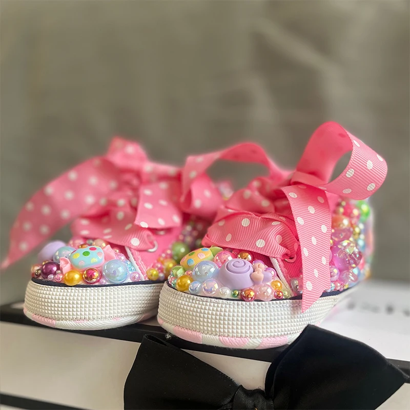 สุ่ม Lollipop Candy First เดินผ้าใบเด็กทารกรองเท้ารองเท้าผ้าใบสําหรับสาววันเกิด Party Handmade Bling รองเท้า