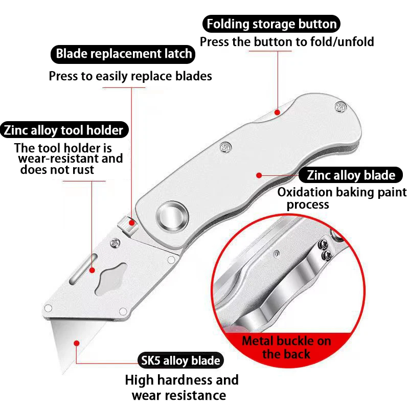 Coltello multiuso Coltello pieghevole Manico in plastica di alluminio Taglierina per cavi tascabile Lama per coltello da tappeto resistente con set portatile di blocco
