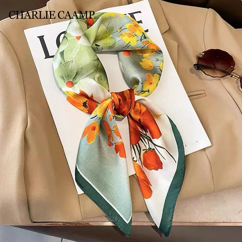 Bufanda cuadrada de seda para mujer, pañuelo con estampado de flores, corbata de satén suave, chal, diadema para la cabeza, regalos de Hijab
