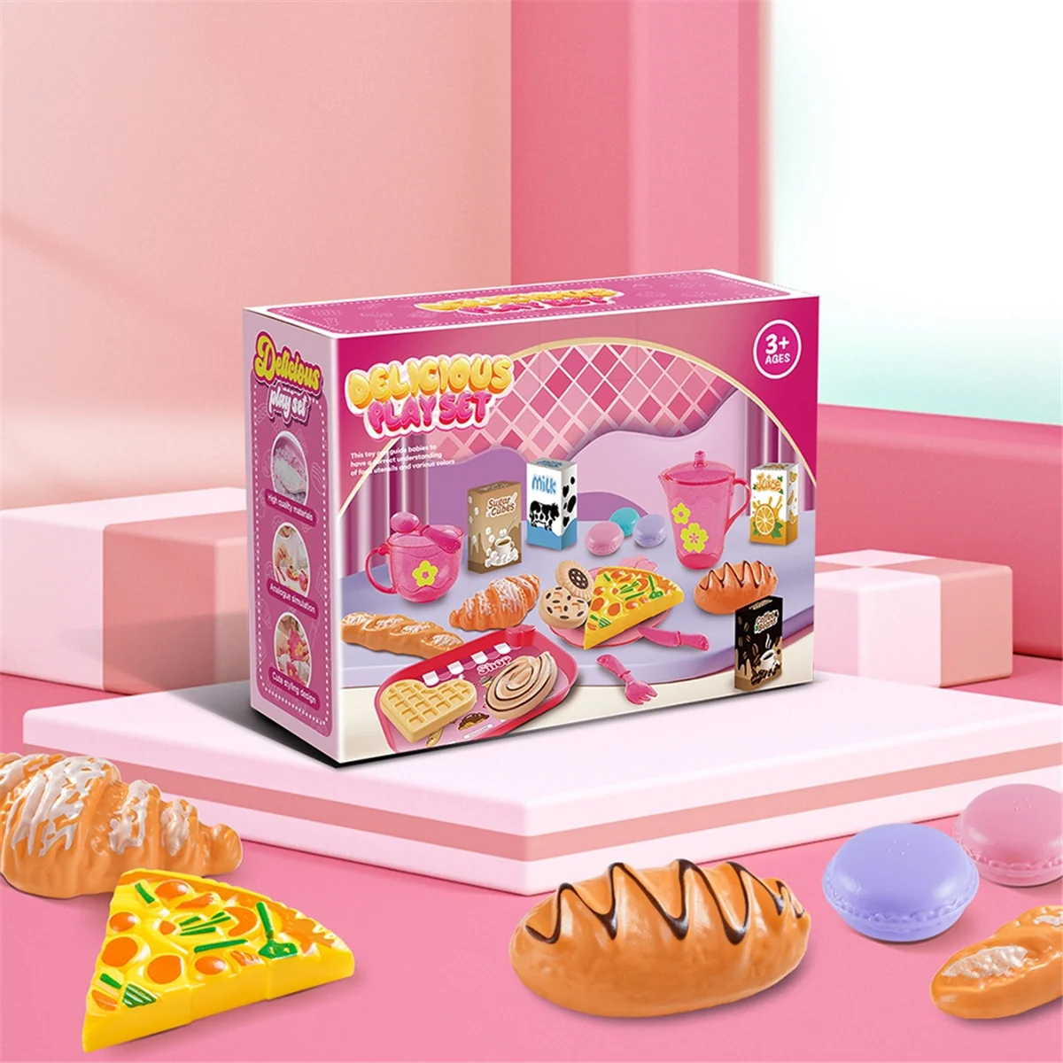 BAAU 33 peças conjunto de brinquedos de cozinha para casa de brincar infantil conjunto de chá para crianças, brinquedo de dramatização com sobremesa e talheres rosa