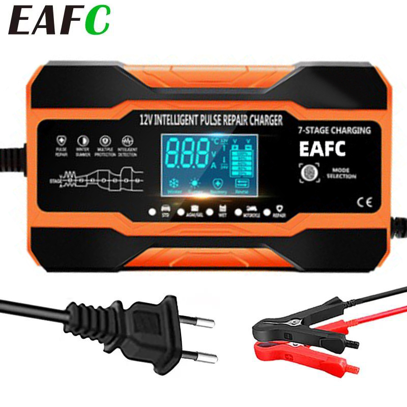 EAFC-cargador de batería de coche, 12V, 12A, 240W, reparación de pulso totalmente automática, carga adecuada para coche, motocicleta, AGM GEL, ácido de plomo húmedo