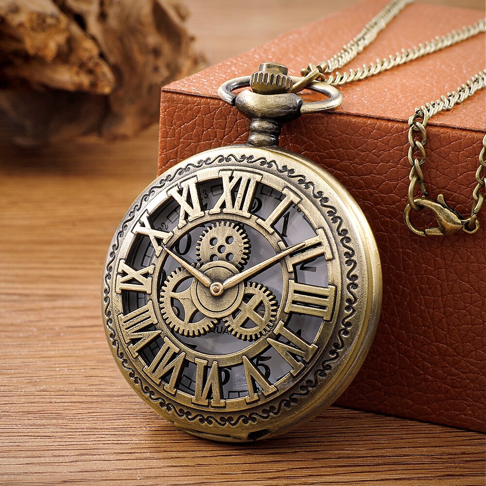 Relógio de bolso de quartzo para homens e mulheres, antigo Steampunk, colar vintage, caixa de bronze, corrente de relógio pendente