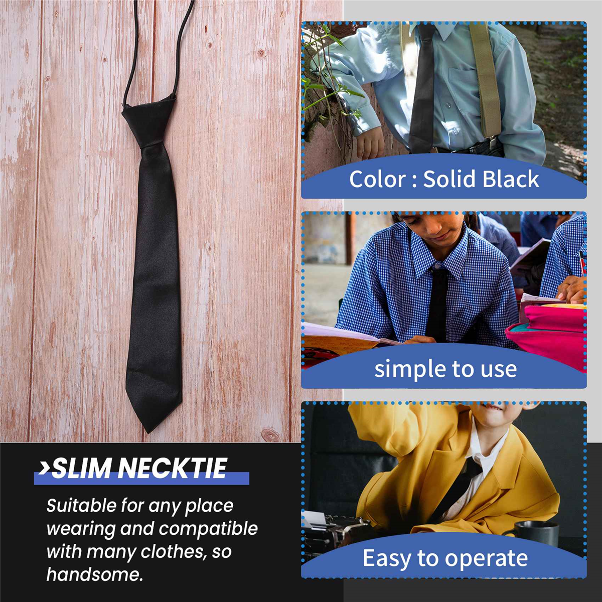 Newest Solid Black Polyester Elastic Slim Necktie Neck Tie for Child