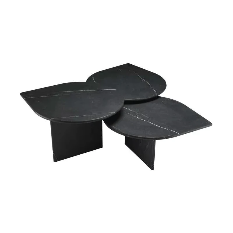 Conjunto de mesa de centro de mármore preto com design italiano - mesas de nidificação em formato de folha, mesa lateral de sofá triplo de luxo para decoração de sala de estar