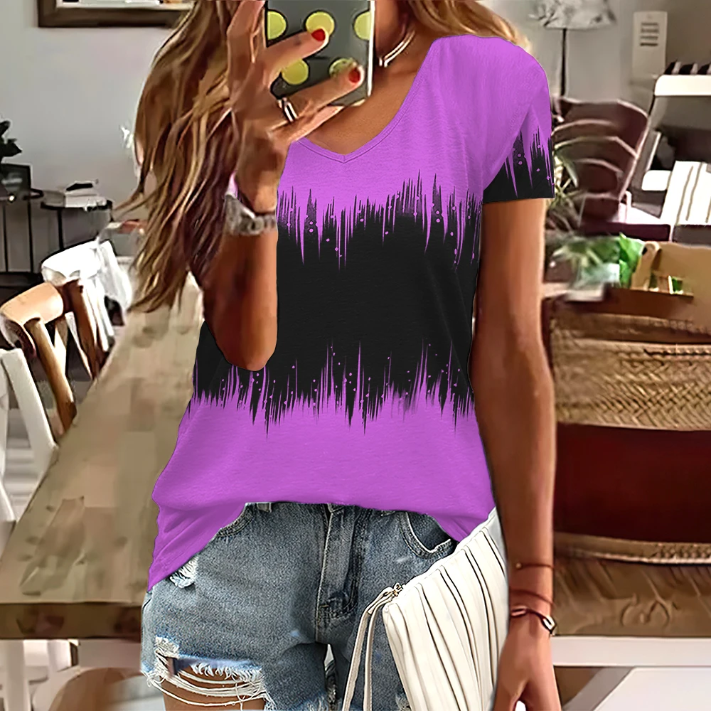 แฟชั่นผู้หญิง T เสื้อลายพิมพ์ Gradient V คอสั้นแขนเสื้อ Basic Tops Streetwear ฤดูร้อนขนาดใหญ่เสื้อผ้าหญิงเสื้อยืด