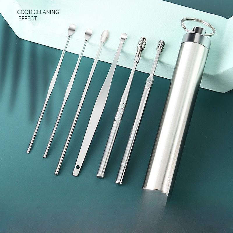Stainless Steel Ear Wax Removal Tool 6 Piece Set Spiral Rotating Ear Scoop Portable Ear Cleaner for Safe Ear Care