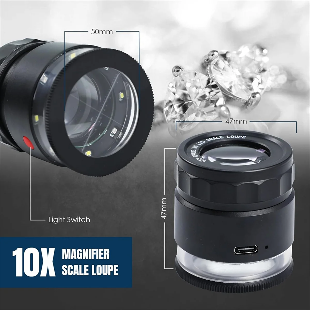 AA91 Lupenlupe 10x, wiederaufladbare Juwelierlupe mit LED-Licht und Skala, verstellbare Brennweitenlupe