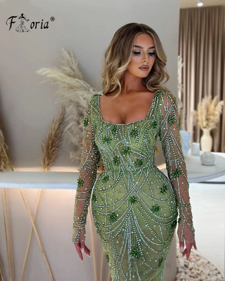 คริสตัลลูกปัด Mermaid ชุดพรรคอย่างเป็นทางการสีเขียวพู่แขนยาวชุดราตรี Rhinestones ที่ละเอียดอ่อนพรหม Dresses Robe