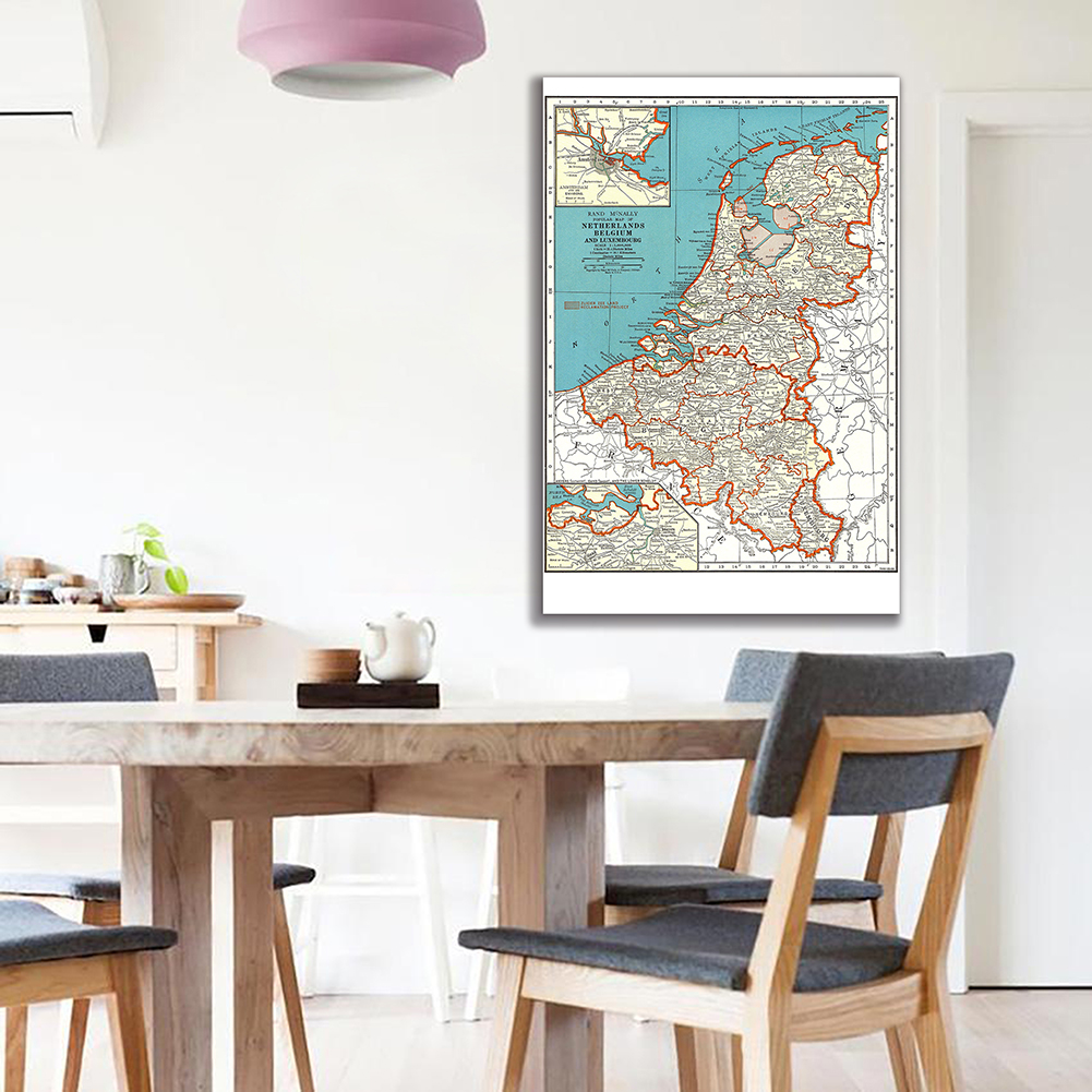 Retro Wall Art Poster, Pintura Canvas, Home Decor, material escolar, A Bélgica e Países Baixos, Mapa de 1936, 100x150cm