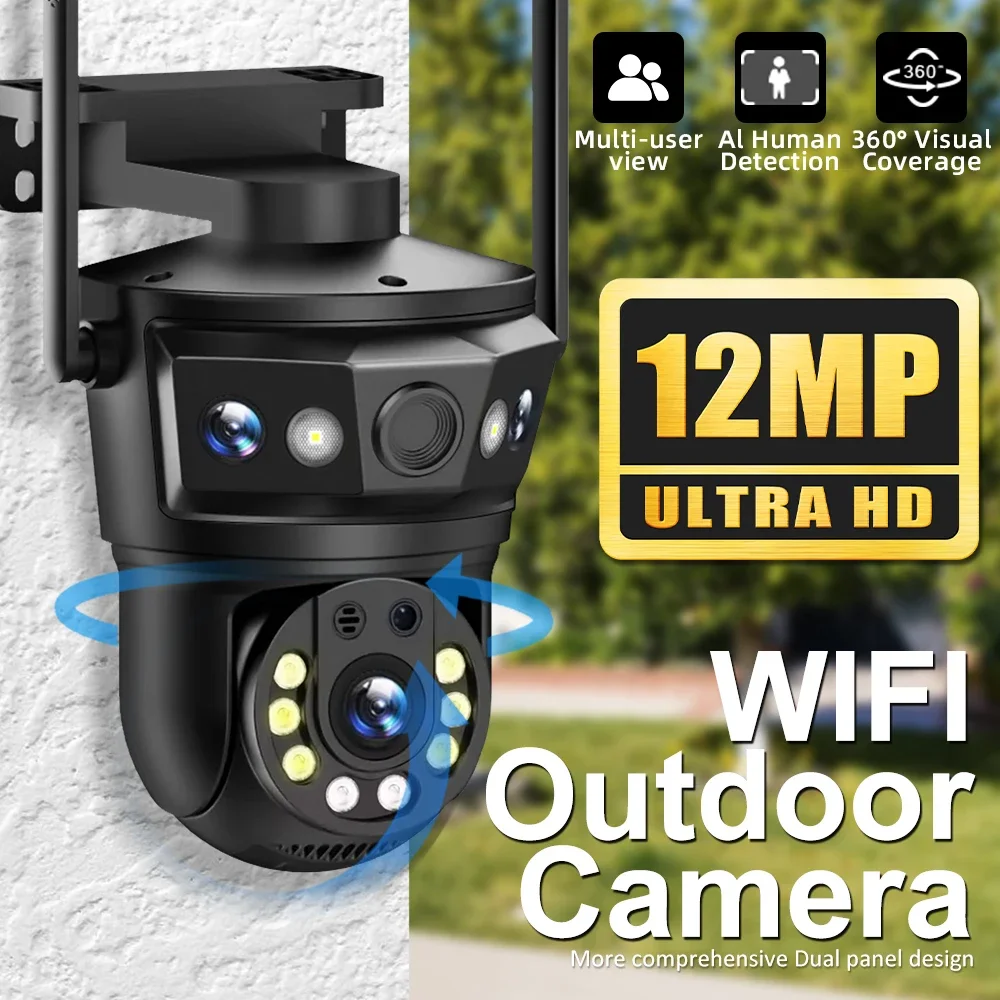 Cámara WIFI 6K de 12MP, Triple lente, pantalla Triple para exteriores, Zoom 10x, protección de seguridad PTZ, seguimiento automático, videovigilancia CCTV