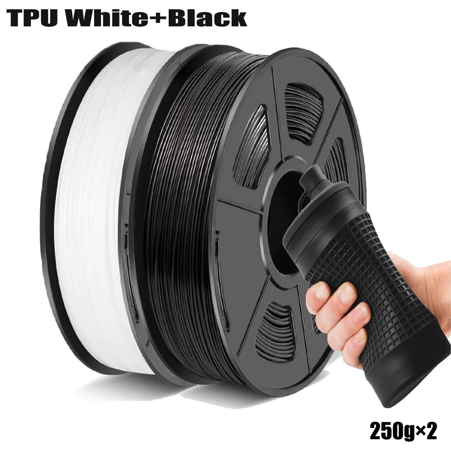 Filamento TPU 1,75 mm 250 g/500 g/1000 g, 95A Filamento de impressora 3D macio e flexível Precisão dimensional +/-0,03 mm, (preto/branco)